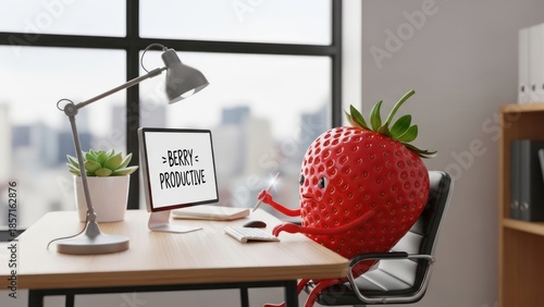 Whimsical strawberry character excels at office work, promoting a fun and fruitful approach to
