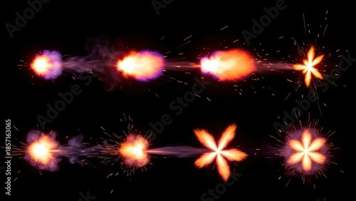 Dynamic collection of stylized muzzle flashes on a dark backdrop adding visual impact and energy