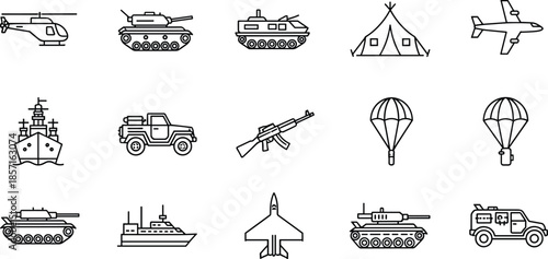 Military helicopter, tank, battleship, fighter jet, armored vehicle, assault rifle, parachute supply crate, military jeep, tent, airplane, war equipment, defense icons illustration