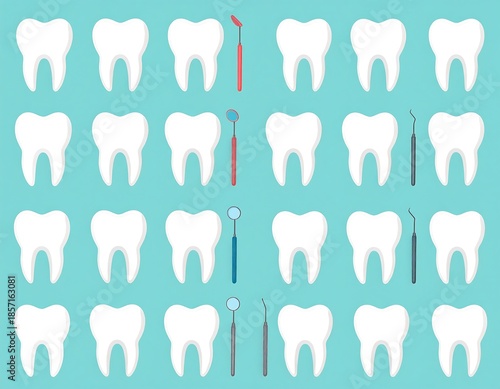 Graphic of dental tools interspaced among rows of white teeth, set on an aquamarine background