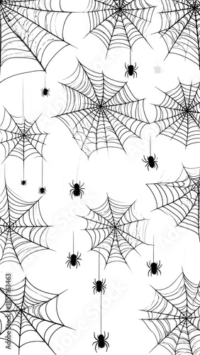 Graphic pattern of spiders dangling from webs on a white background for a spooky vibe