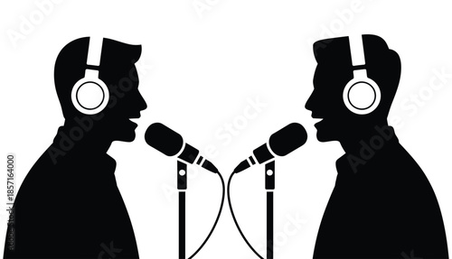 Two silhouetted figures wearing headphones speak into microphones during a recording session.