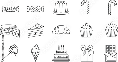 Sweet candy, cake slice, cupcake, croissant, ice cream cone, honey dipper, chocolate bar, dessert icons, bakery treats, festive celebration vector illustration