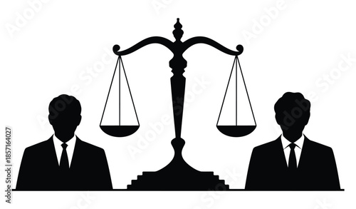 Scales of justice are balanced between two silhouetted figures in suits, representing legal representation.