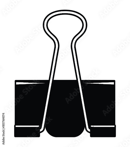 A black and white illustration of a binder clip is shown against a white background.