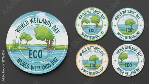 World Wetlands Day eco badges and stickers nature conservation concept with trees and water vector illustration for environmental awareness