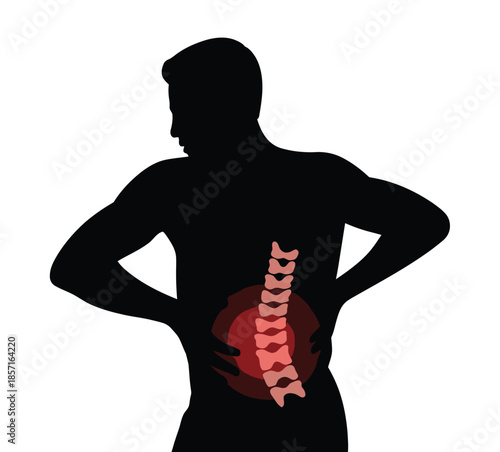 Silhouette of a person with lower back pain, highlighting the spine and inflamed area.