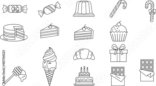 Sweet desserts vector illustration, candy cane, cupcake, chocolate bar, birthday cake, ice cream cone, croissant, honey dipper, gift box, festive treats design