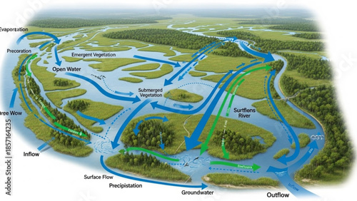 Diagram of a river delta ecosystem showing water flow and vegetation illustrating hydrological processes and environmental science concepts