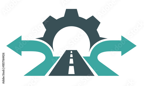 A road splits into multiple paths under a cogwheel icon, symbolizing choice and industry.