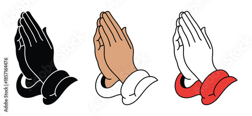 Three sets of praying hands in different colors are depicted against a white background.