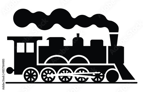 A black silhouette of a steam train emitting a plume of smoke against a white background.