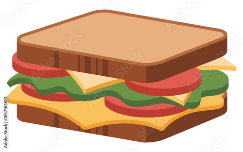 A detailed illustration of a large sandwich made with bread, cheese, lettuce, and tomato slices.