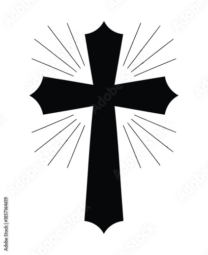 A black Christian cross symbol with radiating light rays against a white background.