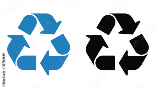 Two recycling symbols, one blue and one black, are displayed against a white background.