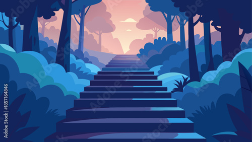 Stairway to sunset in enchanted forest