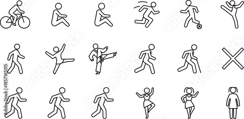 Vector stick figure icons of human activities, cycling, running, walking, dancing, martial arts, sports, fitness, poses, lifestyle, silhouette, minimal design illustration