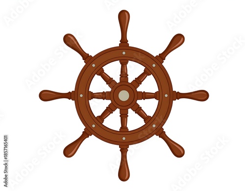 Wooden ship's steering wheel graphic, isolated on white background
