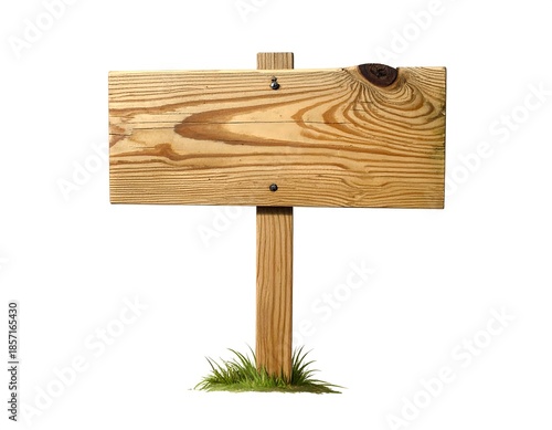 Wooden signpost with blank sign, grass, and isolated on white