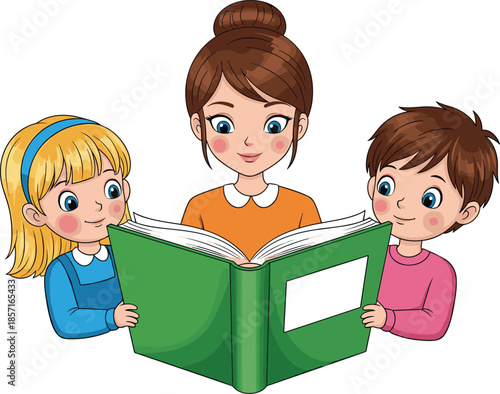 Cartoon illustration of a female teacher or mother reading a large green book to a young boy and girl students.