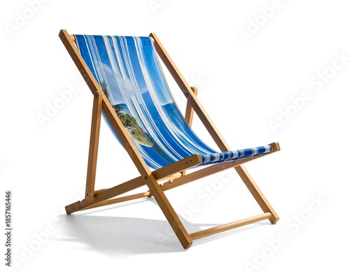 Wooden deck chair, blue and white stripes, on a white background
