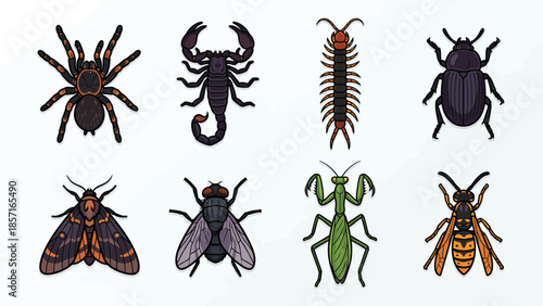 Collection of Diverse Insects and Arachnids on White Background Graphic Design Elements