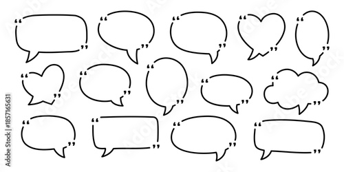 Outline speech bubbles with quotation marks. Doodle style talk balloons for communication, quotes, chat design, and cartoon comics