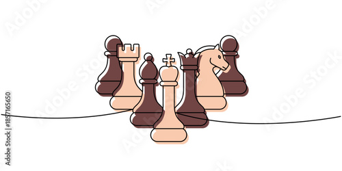 Abstract line art of a full chess formation with pawns, rook, knight, king and queen, in soft beige and brown hues