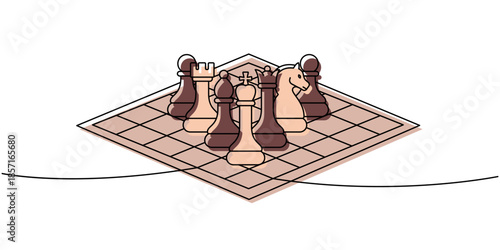 Modern line art of chess pieces arranged on a board, minimal composition in warm brown and beige color palette