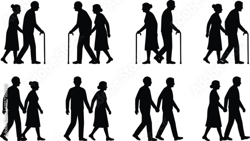 Elderly, couple, silhouettes, walking, with, cane, senior, men, women, figures, black, isolated, white, background, aging, care, companionship, lifestyle, set, collection