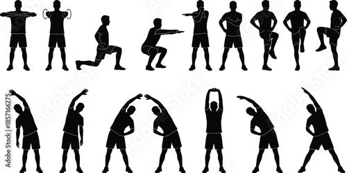 Fitness, workout, silhouette, exercises, training, stretching, squats, lunges, dumbbells, male, athletes, black, figures, isolated, white, background, gym, motion, set, collection