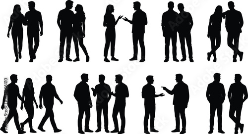 People, silhouettes, couples, groups, walking, talking, discussion, interaction, men, women, social, communication, lifestyle, black, figures, isolated, white, background, set, collection