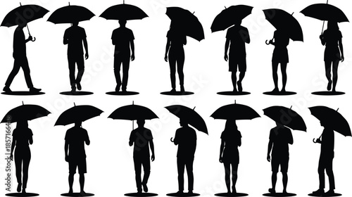 People, silhouettes, walking, with, umbrella, rain, weather, men, women, black, figures, isolated, white, background, outdoor, lifestyle, motion, protection, set, collection