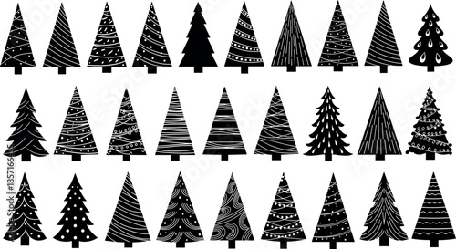 Set of twenty seven minimalist black Christmas tree silhouettes with various white decorative patterns and festive winter holiday graphic design elements