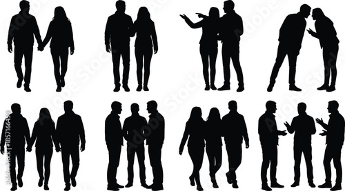 People, silhouettes, walking, talking, pointing, couples, groups, men, women, interaction, communication, social, lifestyle, black, figures, isolated, white, background, set, collection
