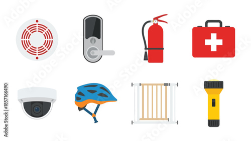 Home Safety and Security Icons Set Smoke Detector Smart Lock Fire Extinguisher First Aid Kit Surveillance Camera Bike Helmet Baby Gate Flashlight