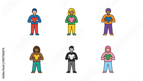 Diverse Group of People Holding Hearts Symbolizing Love Care and Kindness Vector Illustration