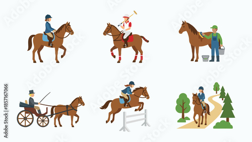 Equestrian Lifestyle Set Various Horse Riding Activities Polo Jumping Carriage Training Trail Riding