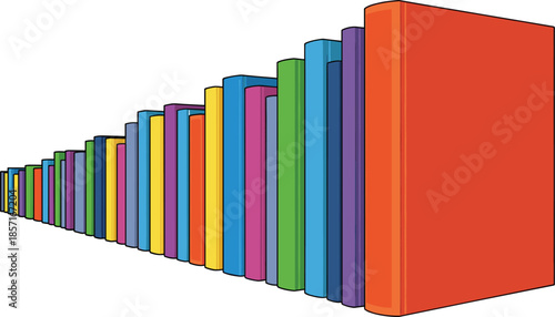 Vector illustration of a long row of colorful hardcover books decreasing in size isolated on a white background for education.