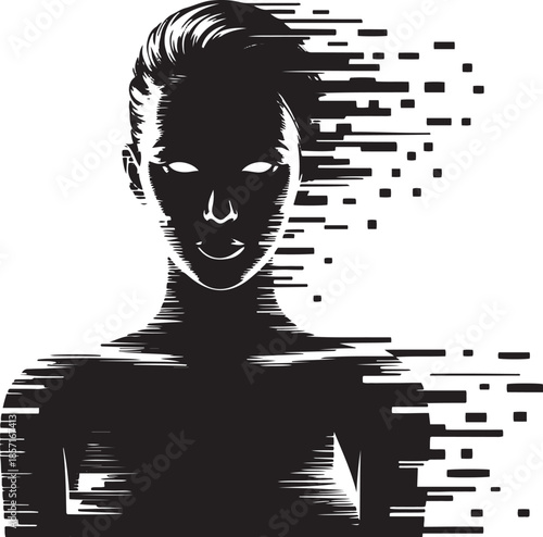 Black female silhouette vector illustration with digital glitch pixel dispersion effect for technology, AI, and futuristic cyber identity concepts