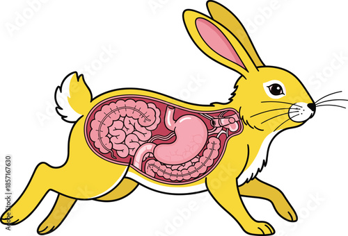 Anatomical illustration of rabbit digestive system, educational biology vector, internal organs stomach intestines, veterinary science diagram, animal anatomy learning resource
