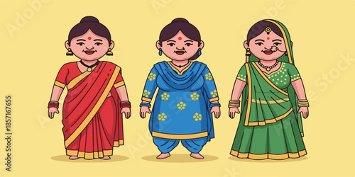 Illustration of Indian aunties portrayed as friendly characters