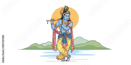 Serene illustration of Lord Krishna depicted in a devotional and
