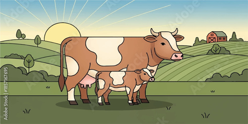Cow and calf illustration symbolizing rural life, care, and nurt