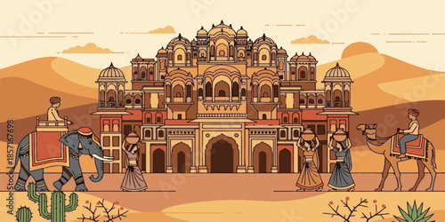 Rajasthan cultural illustration showcasing desert architecture,