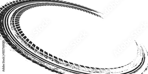 Tire tread marks, wheel textures, tire marks - car racing, motocross, drift, rally, off-road and others. Vector black isolated texture in grunge style with splashes.eps10