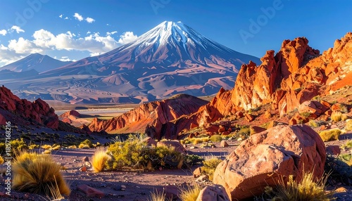 Scenic View of Licancabur Volcano and Rugged Landscape in Atacama Desert