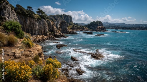 Rugged Coastline Oasis Turquoise Sea Meets Golden Bloom Cliffs.