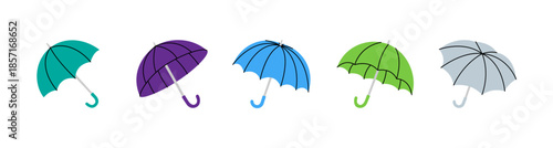Colorful umbrella collection with purple, blue, green, teal, and gray, minimalist vector art for rain protection