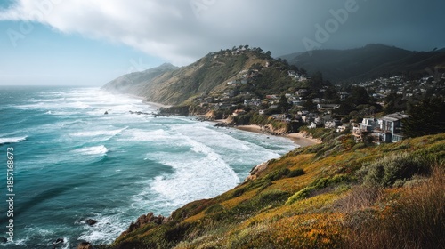 Coastal California Paradise Pacific waves crash on beach town hills.